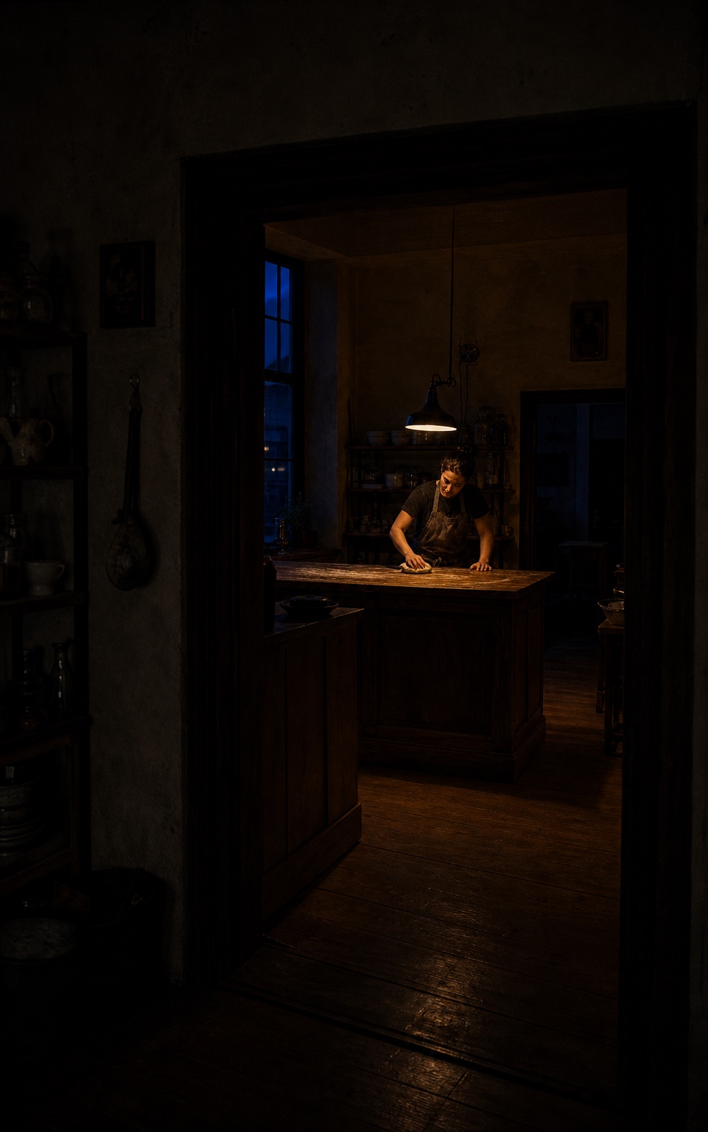 A baker working beneath a pendant light inside the VVVER café, seen through a dark doorway
