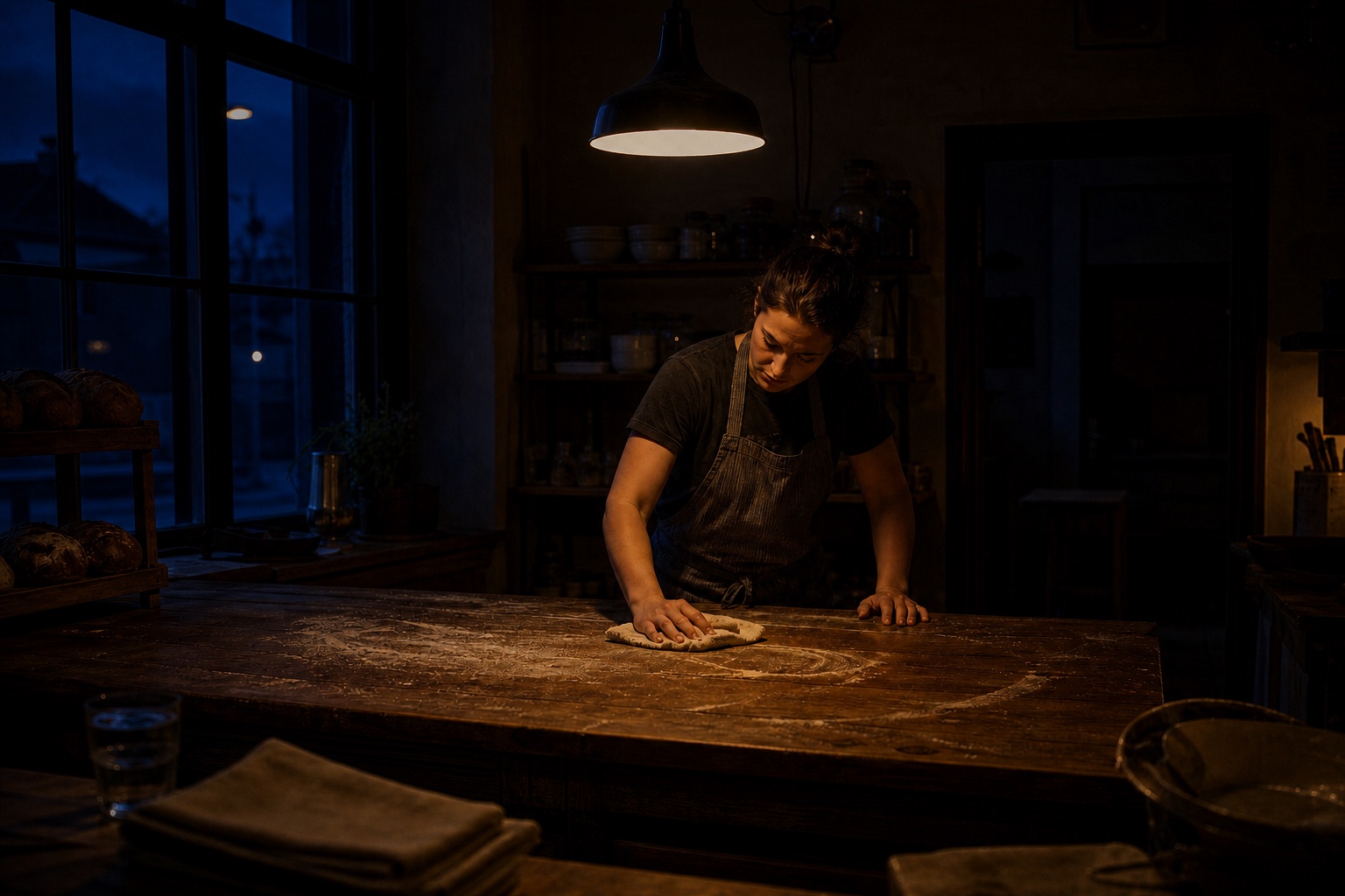 A baker wiping a flour-dusted timber counter in the VVVER café at blue hour