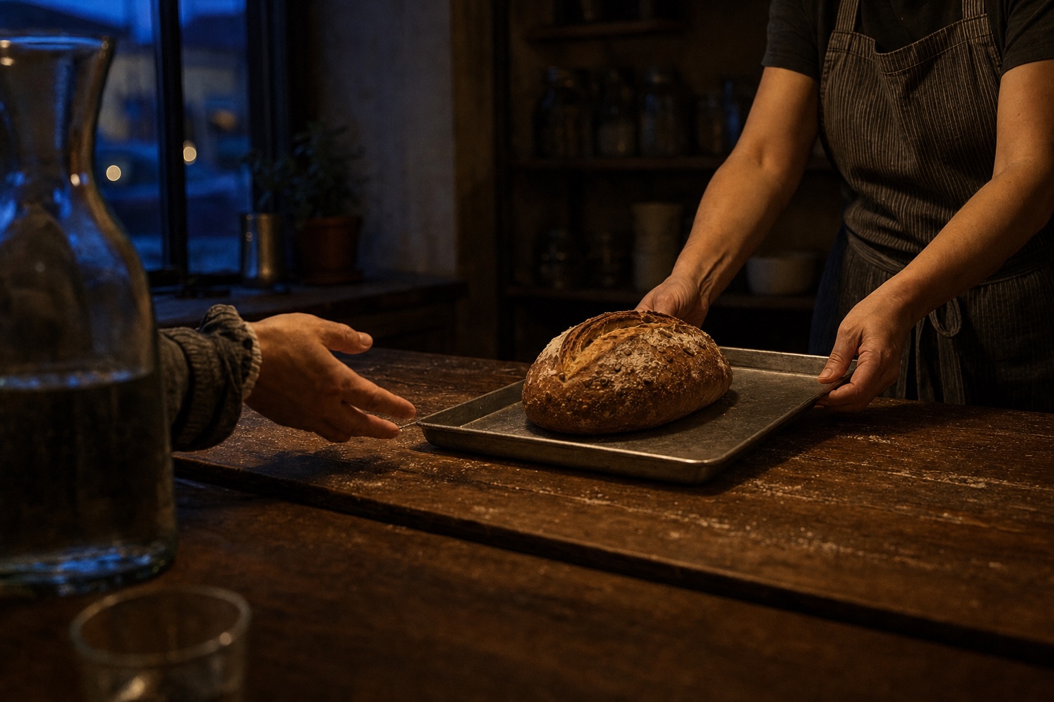 A café worker sliding a loaf on a metal tray toward a customer's hand