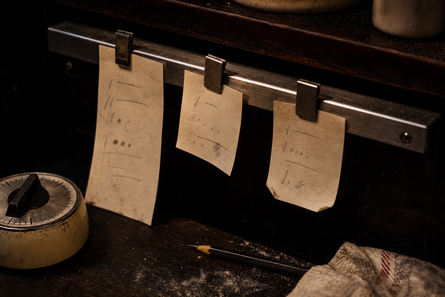 Irregular handwritten order cards clipped to a metal rail beside a mechanical timer