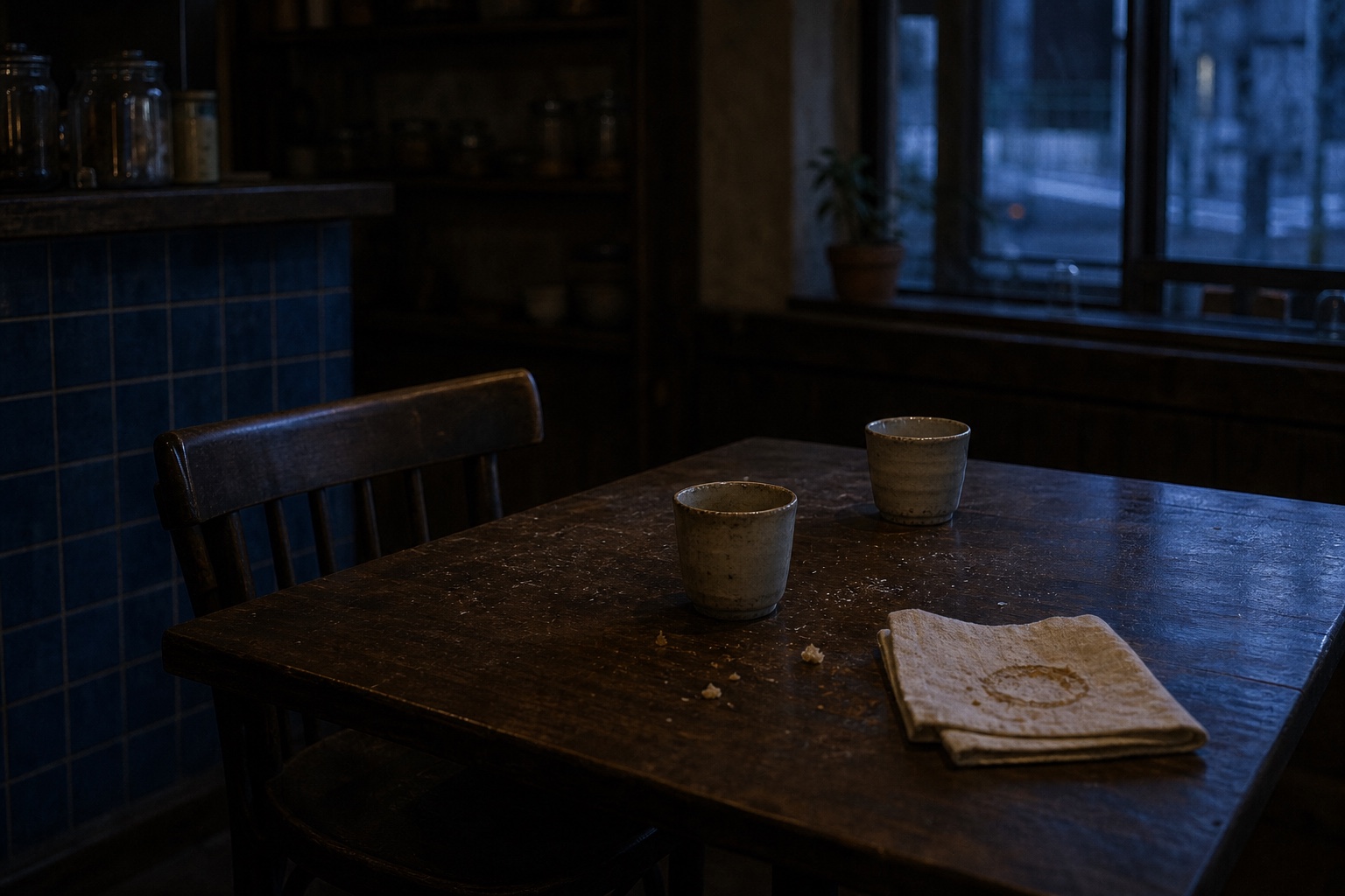 Two used ceramic cups, crumbs, and a coffee-marked linen on an empty café table after closing