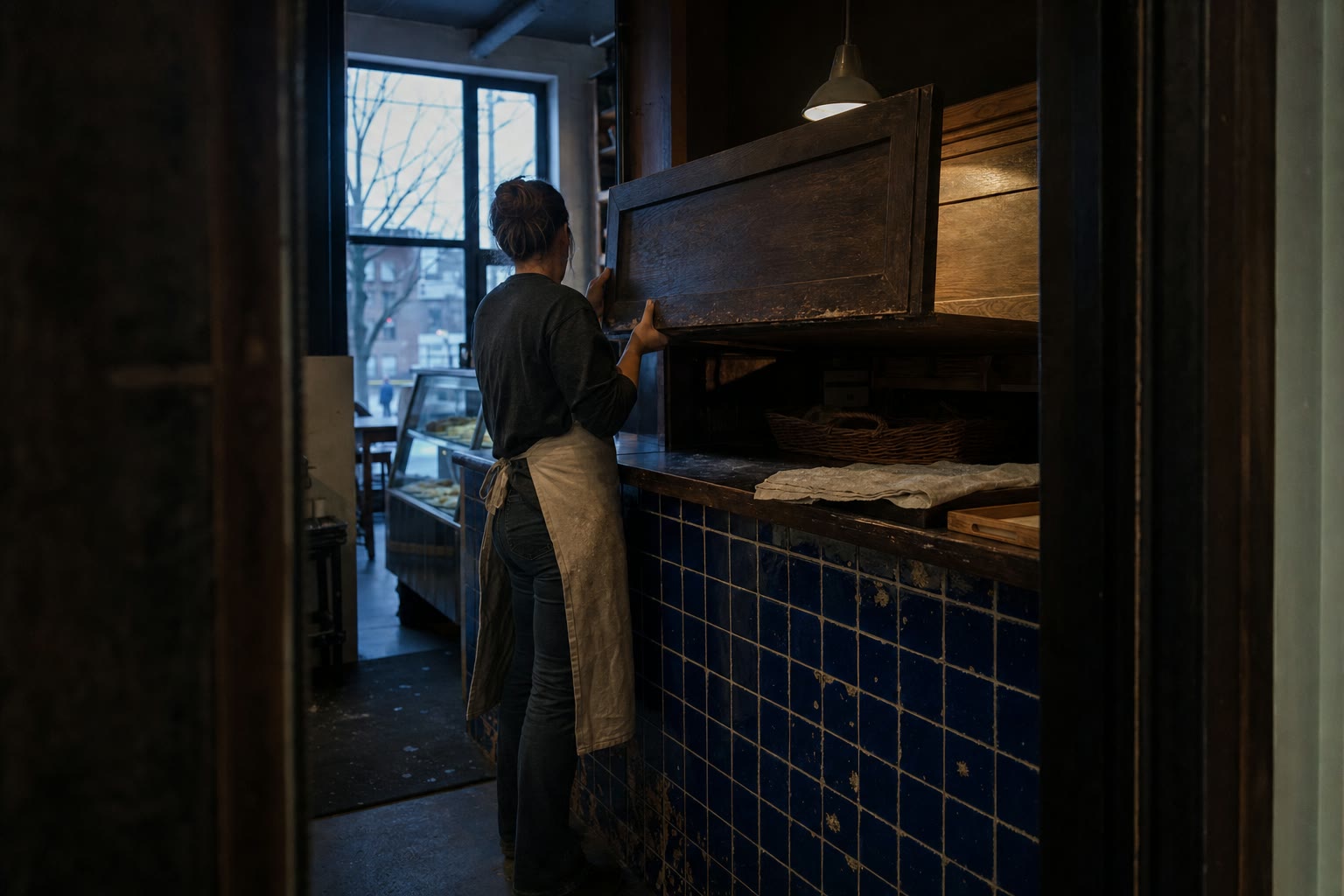 A café worker lifting the service hatch before dawn beside a cobalt-tiled counter