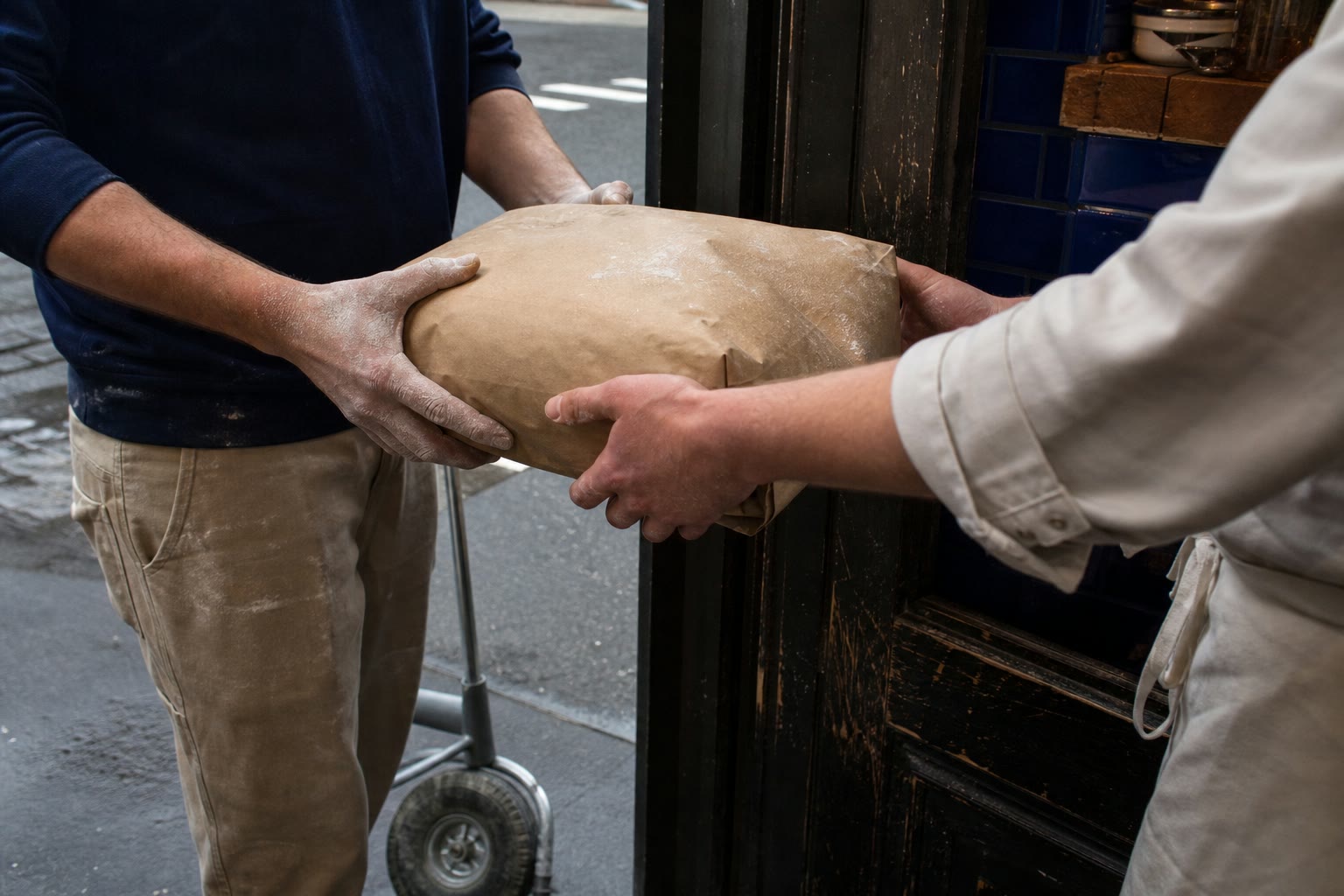 A flour sack being received through the café back door beside a timber trolley