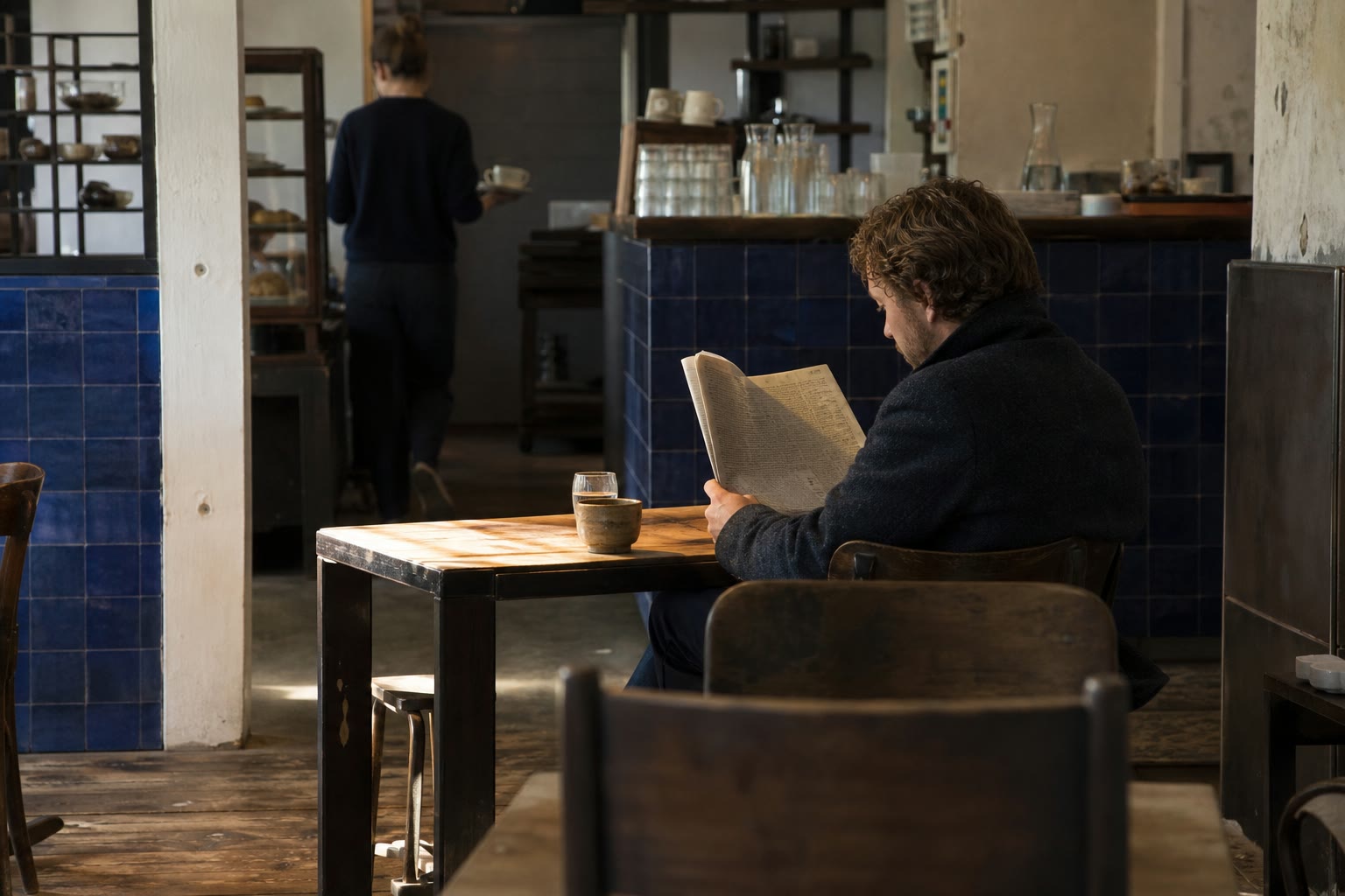 A lone customer reading at the edge of a café while a worker crosses the room
