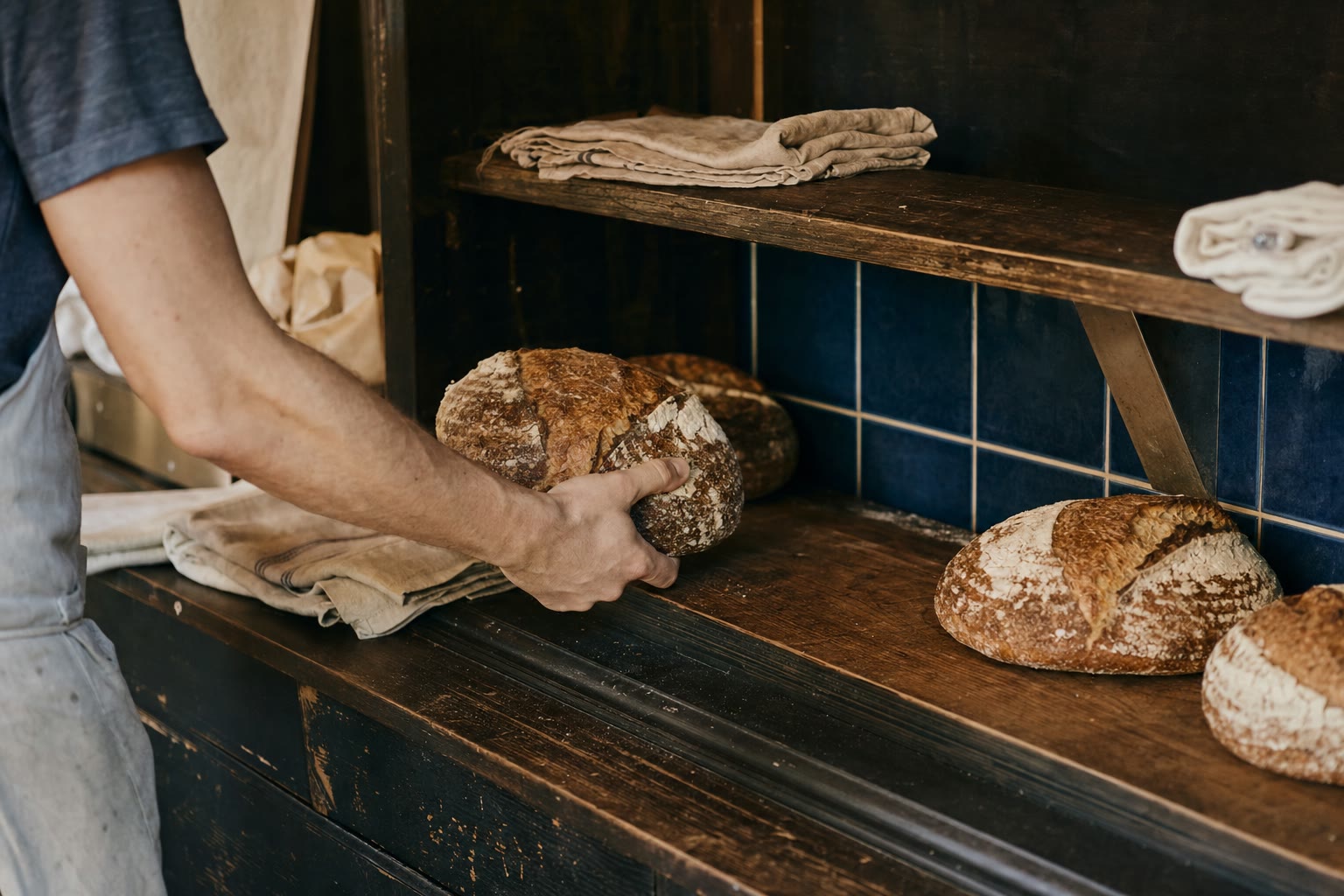 A worker placing one loaf into an irregular bakery shelf at midday