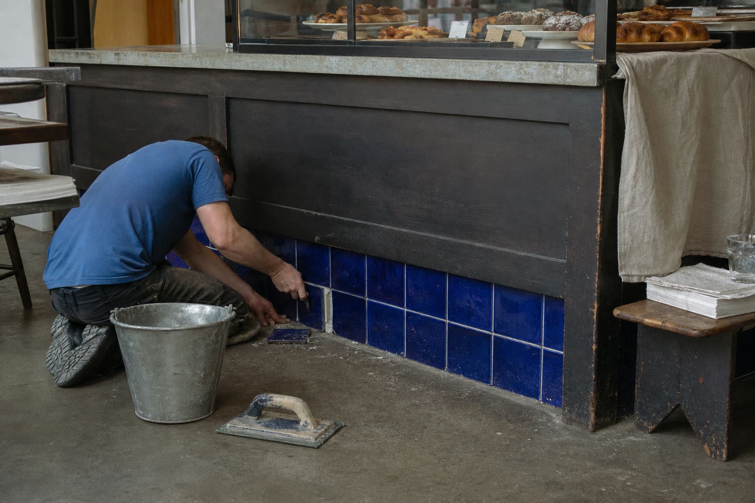 A worn cobalt tile being replaced beneath a flour-marked café counter