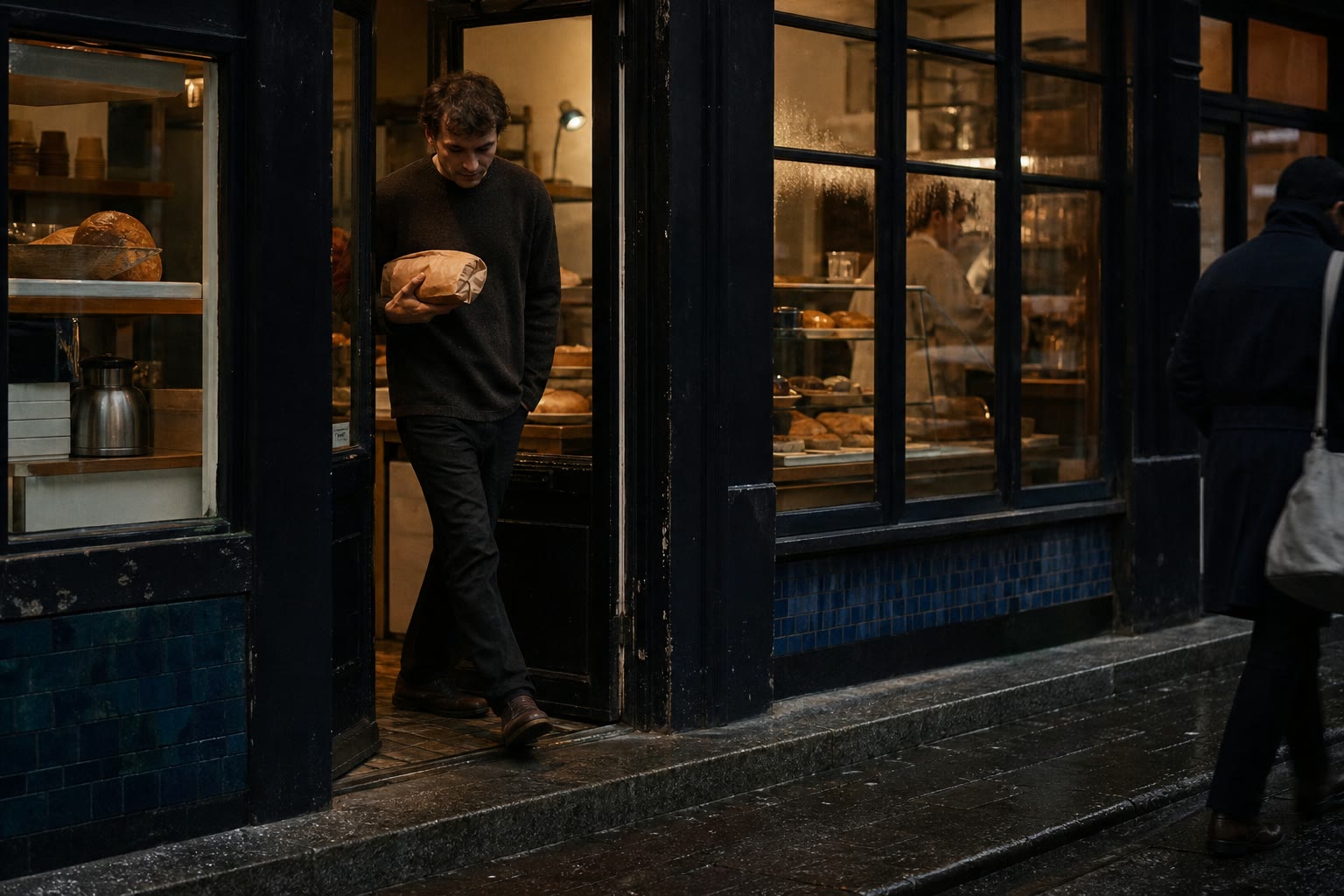 A customer leaving the café through a rain-dark doorway at blue hour