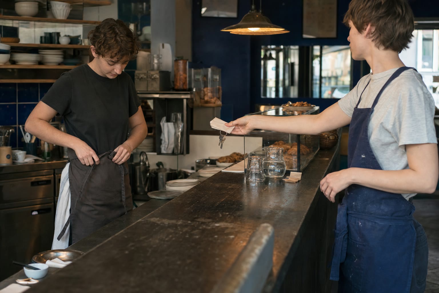 Two café workers exchanging keys and a service note beside the counter