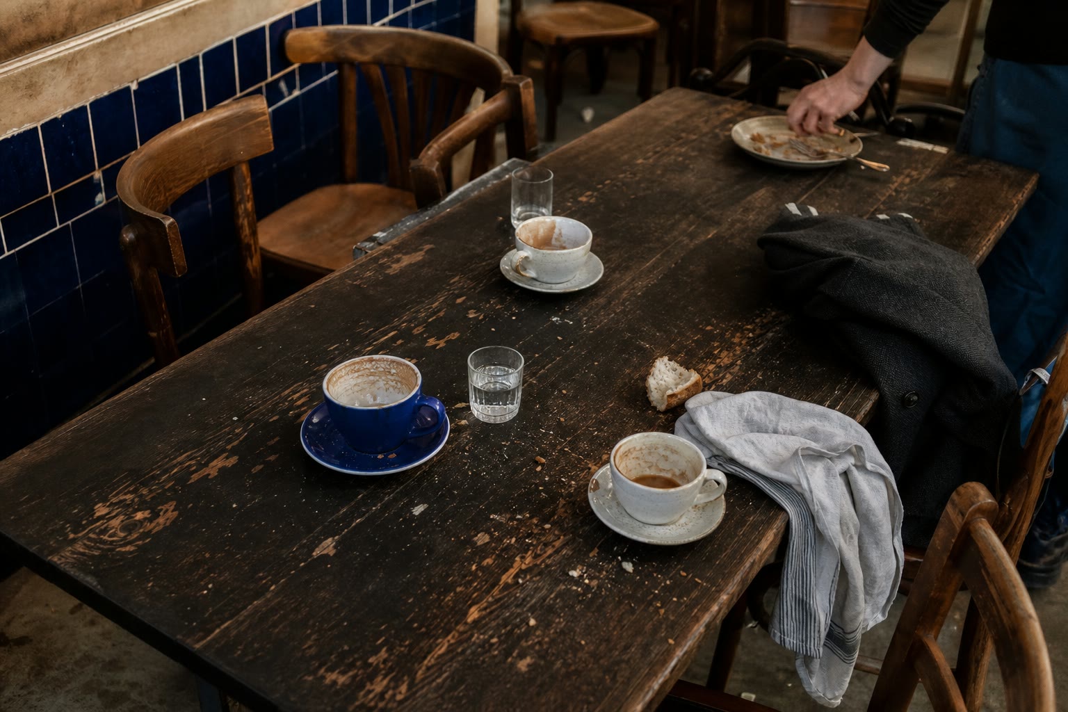 An occupied communal café table with used cups, bread, coats, and natural gaps