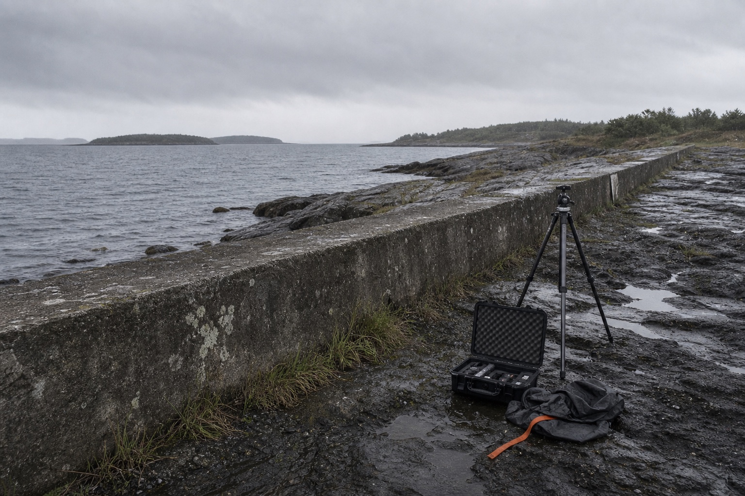 A rain-dark coastal sea wall with a survey tripod, open field case, and orange strap