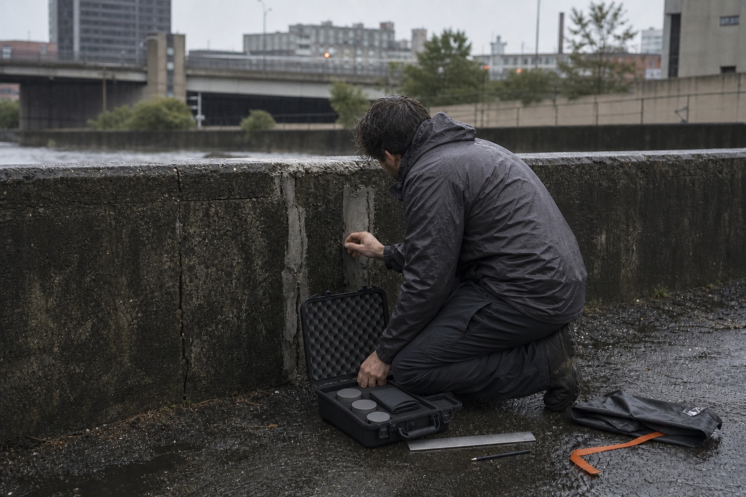 A field researcher examining a wet urban retaining-wall repair beside unmarked sample tins