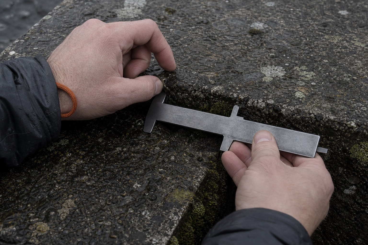 Two hands comparing a wet concrete joint with a plain steel gauge