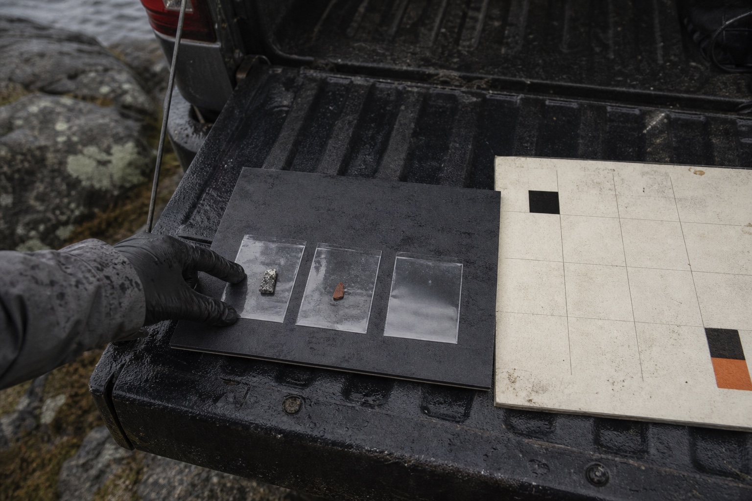 Three unmarked material sleeves and a sparse physical registration grid on a wet vehicle tailgate