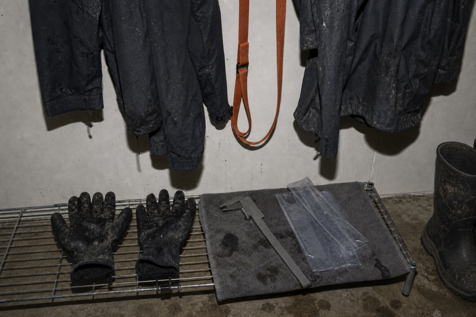 Wet rain gear, gloves, blank steel caliper, sleeves, orange straps, and boots drying under direct flash