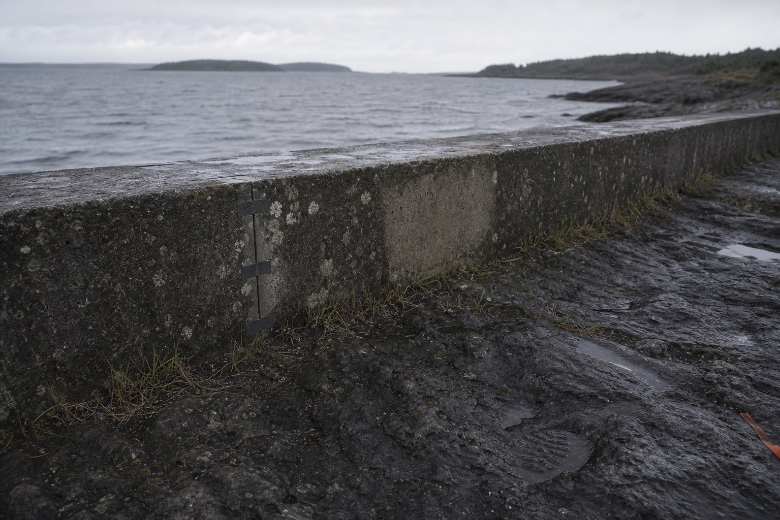An empty coastal survey site with plain datum tape, a filling boot print, and a small orange thread