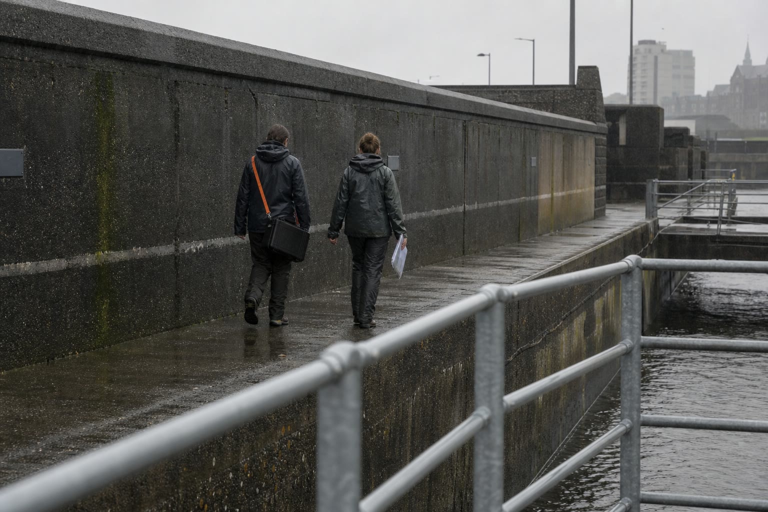 A field researcher approaching a rain-dark concrete drainage structure