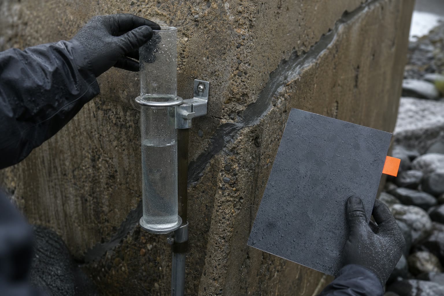 Rain collecting in a plain field gauge beside wet stone and a graphite folio