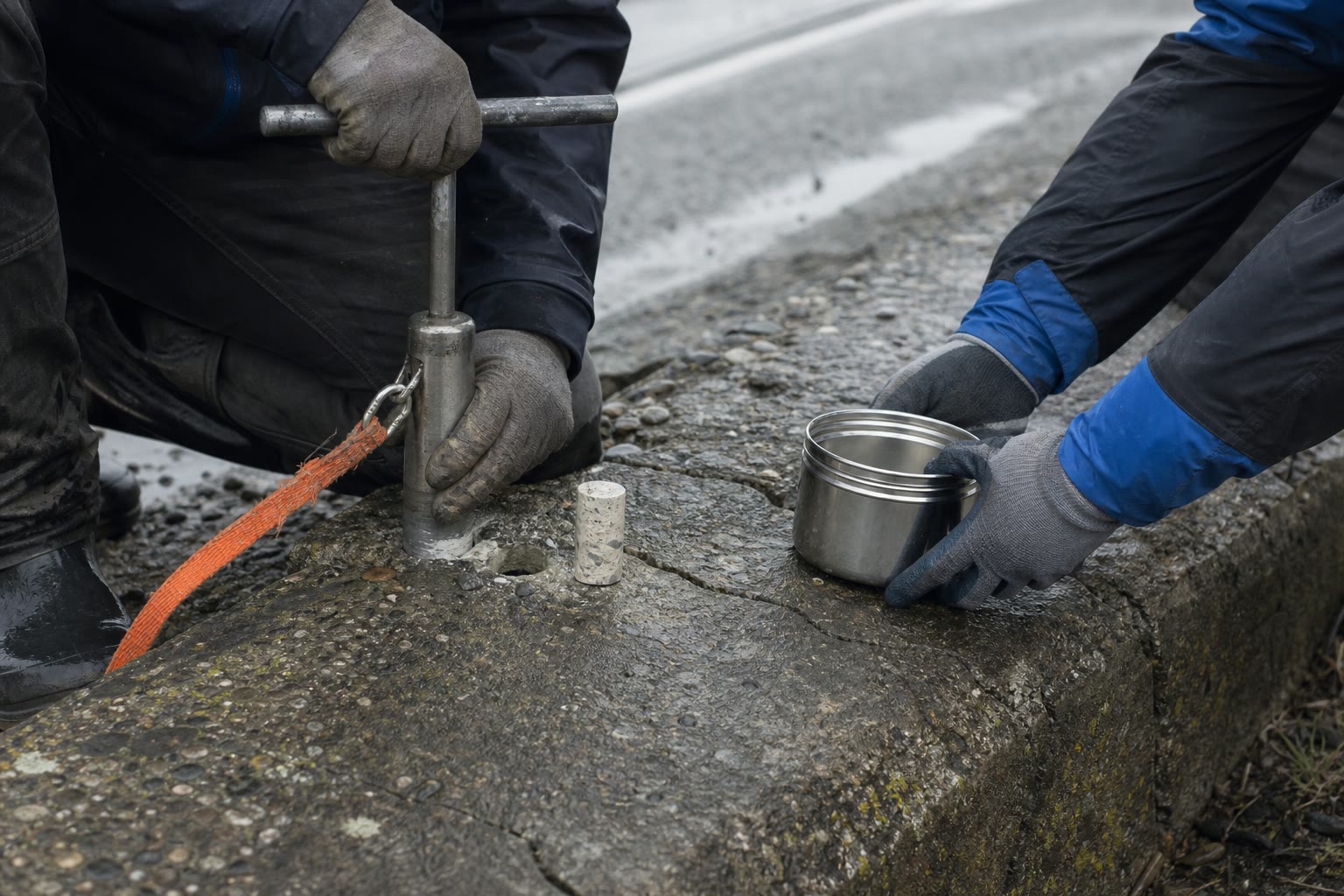 Gloved hands placing a small concrete fragment into a transparent sample sleeve
