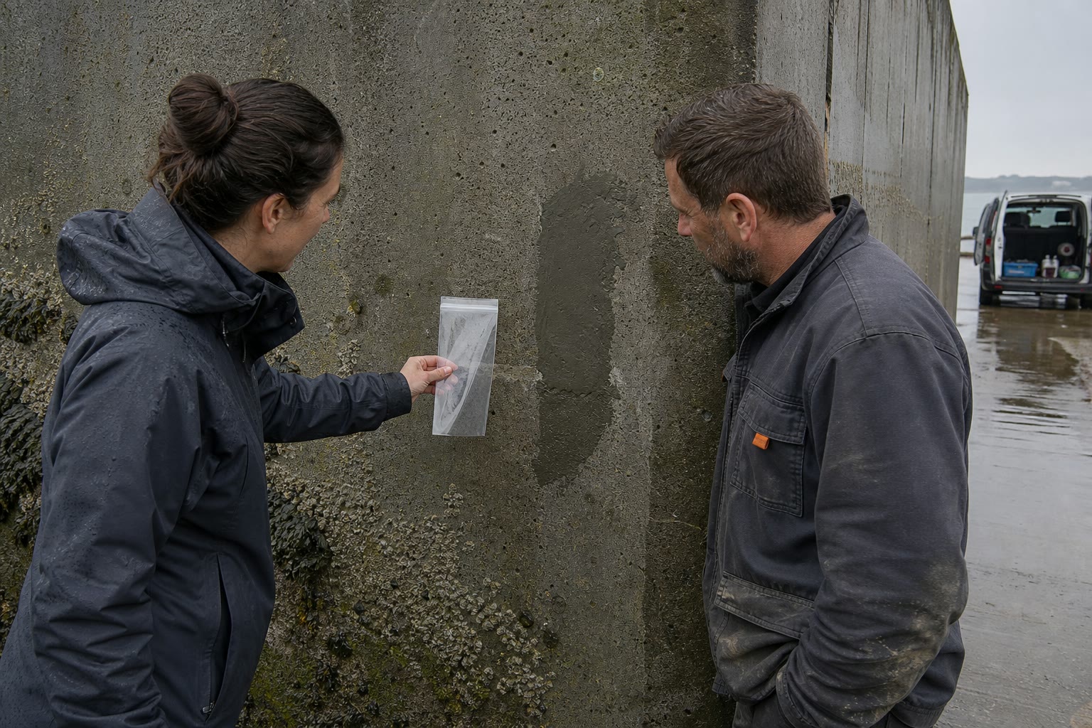 Two field workers exchanging a black survey folio beside a retaining wall
