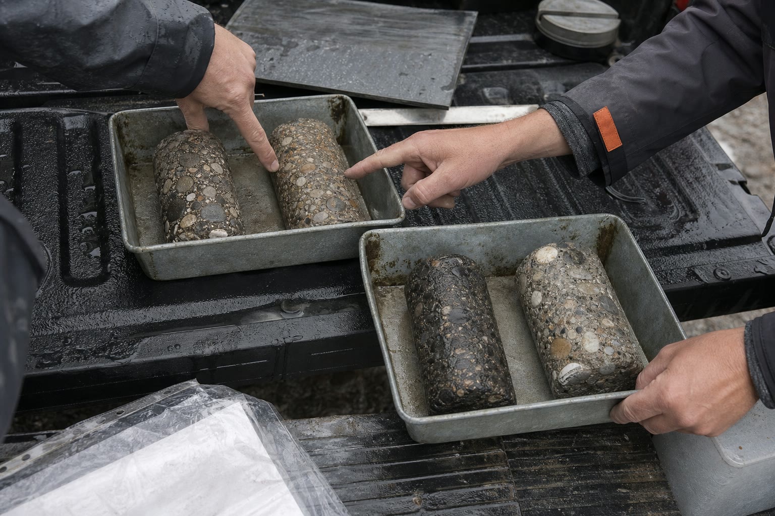 Material samples from two infrastructure sites being compared on a wet steel surface