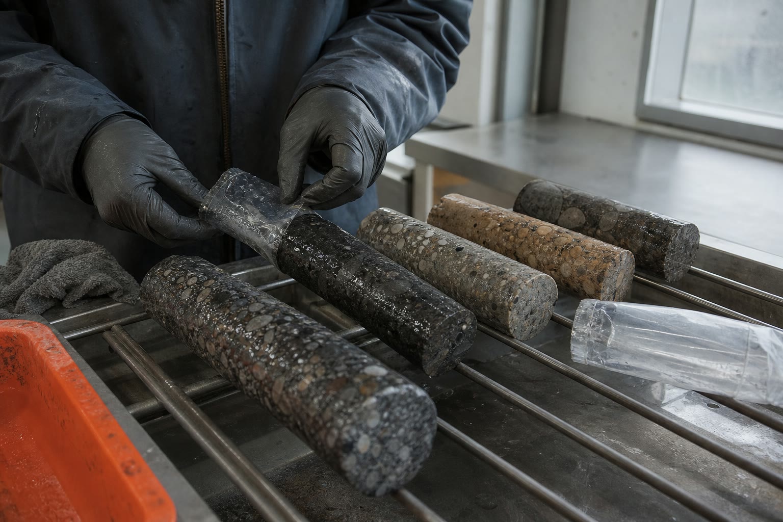 Wet field samples being transferred from sleeves to a laboratory intake table