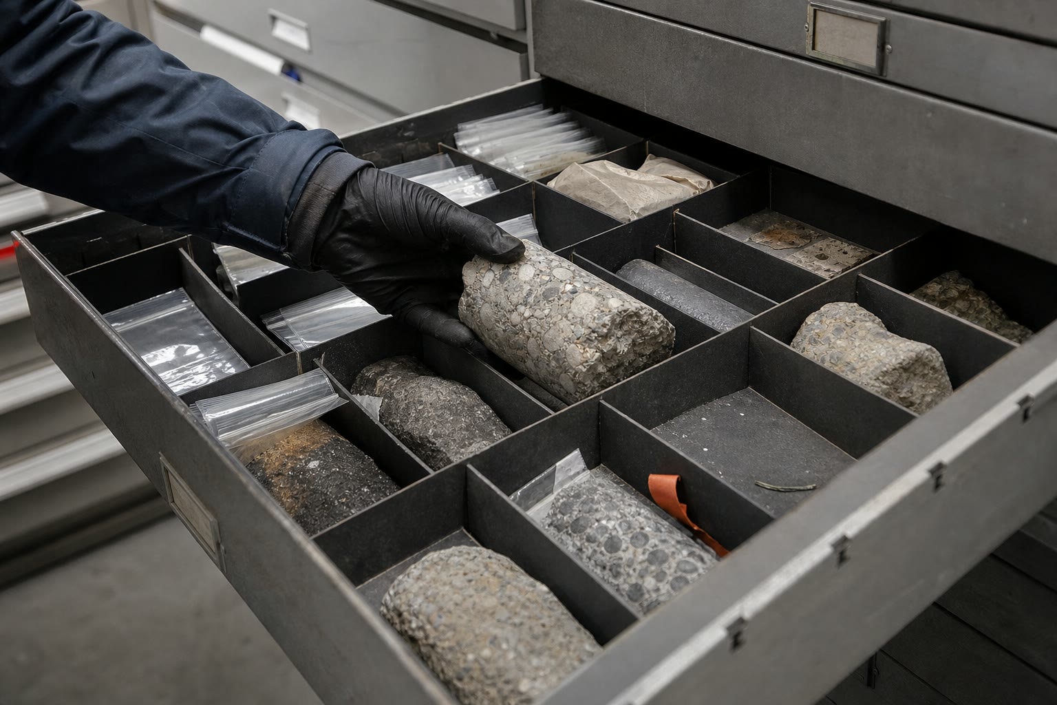 A hand returning mineral samples in plain sleeves to a steel archive drawer