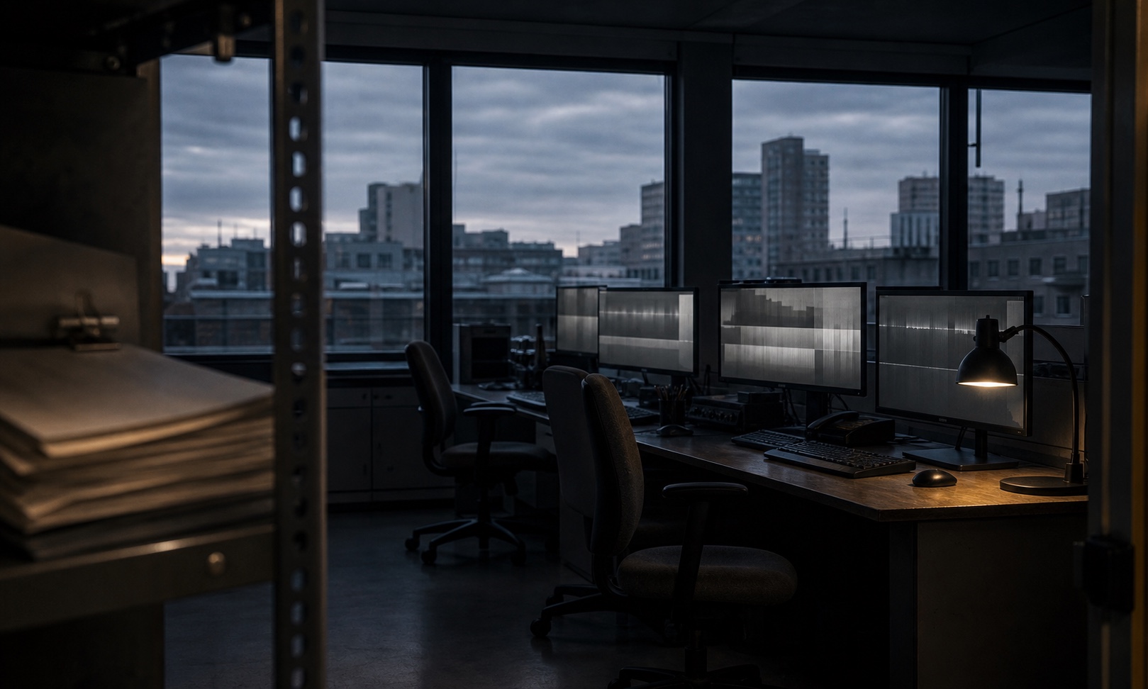A quantitative research office before dawn with grayscale terminals and one desk lamp