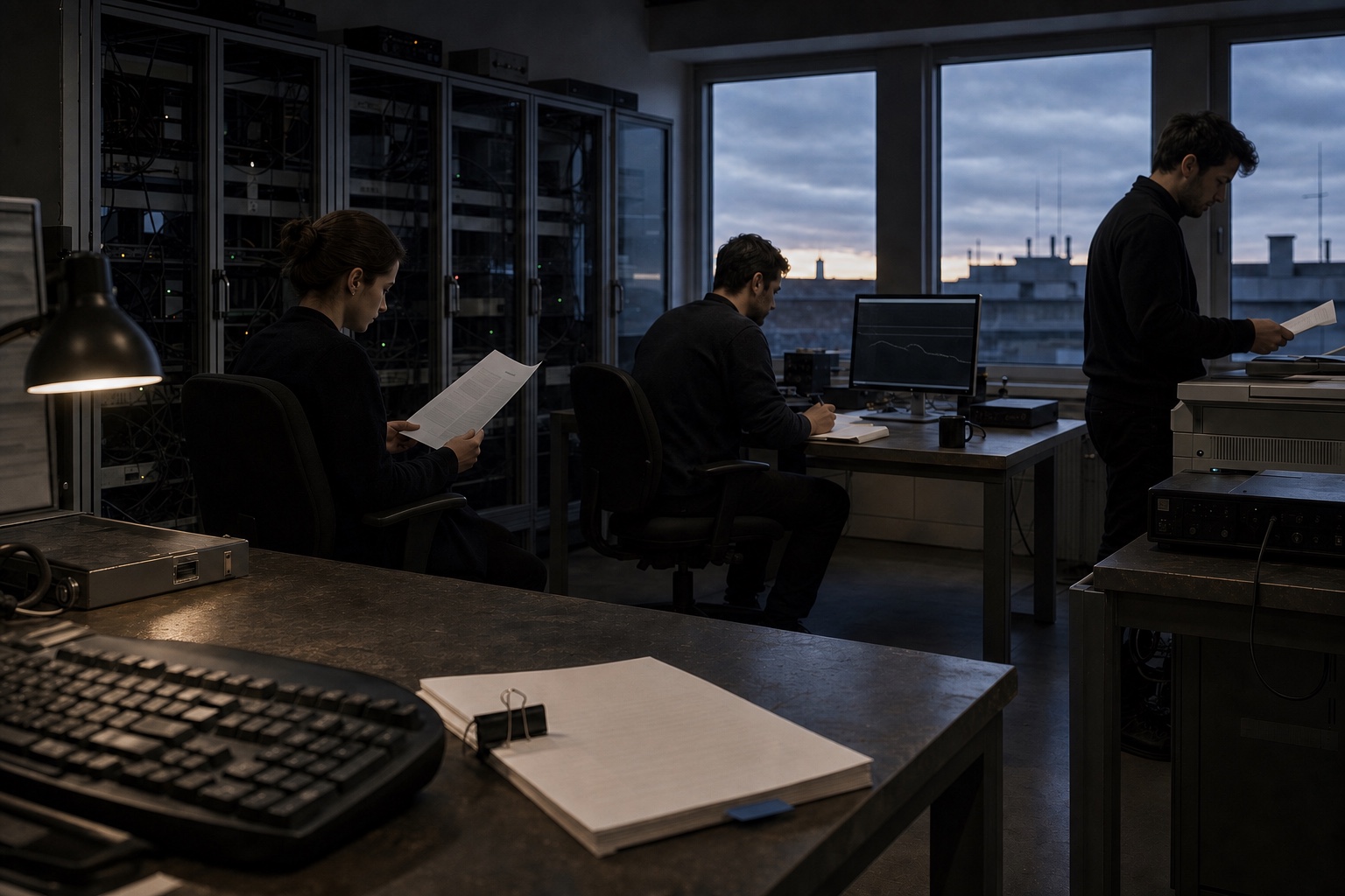 Three quantitative researchers independently reviewing paper records, a terminal, and a fresh printout