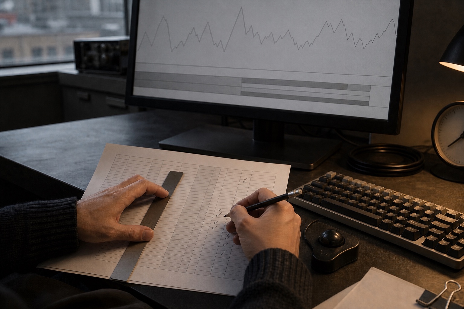 A researcher reconciling a ruled execution sheet against a monochrome time series