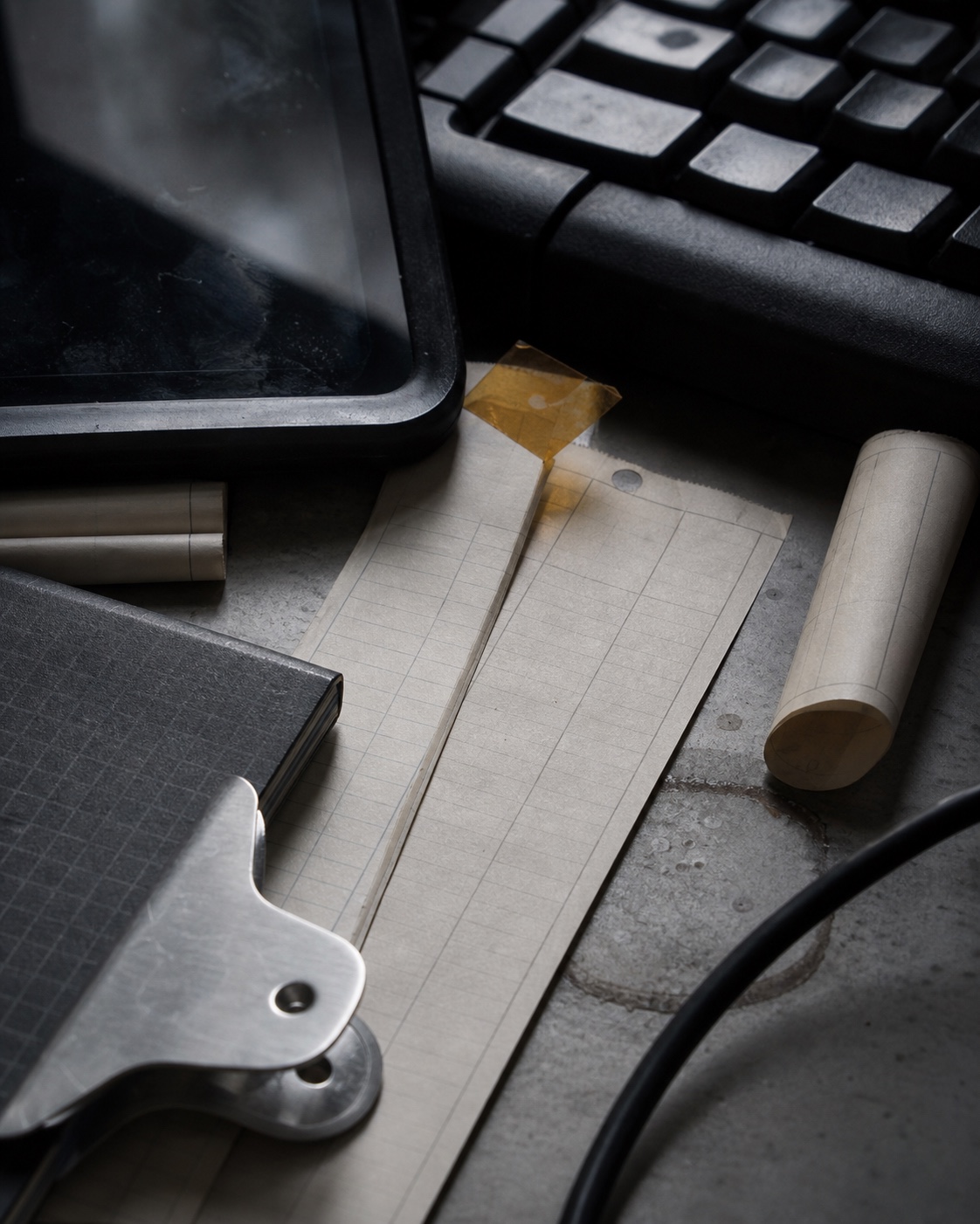 Thermal paper, terminal glass, worn keyboard plastic, steel, cable, and an amber record tab