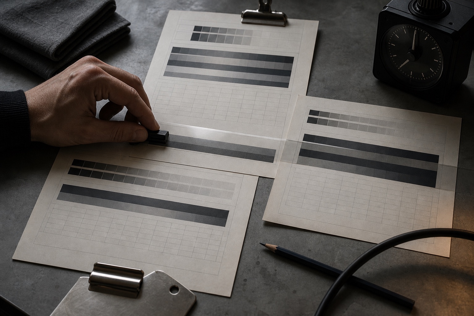 A hand aligning transparent exposure bands across three physical risk sheets