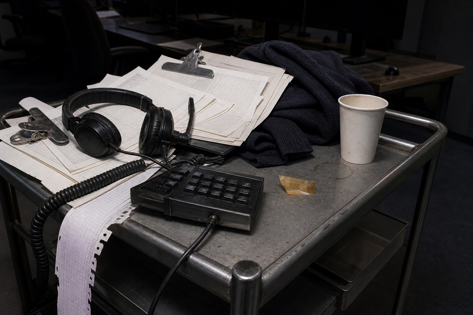 A records cart with execution sheets, headset, keypad, cup, and cardigan photographed with direct flash