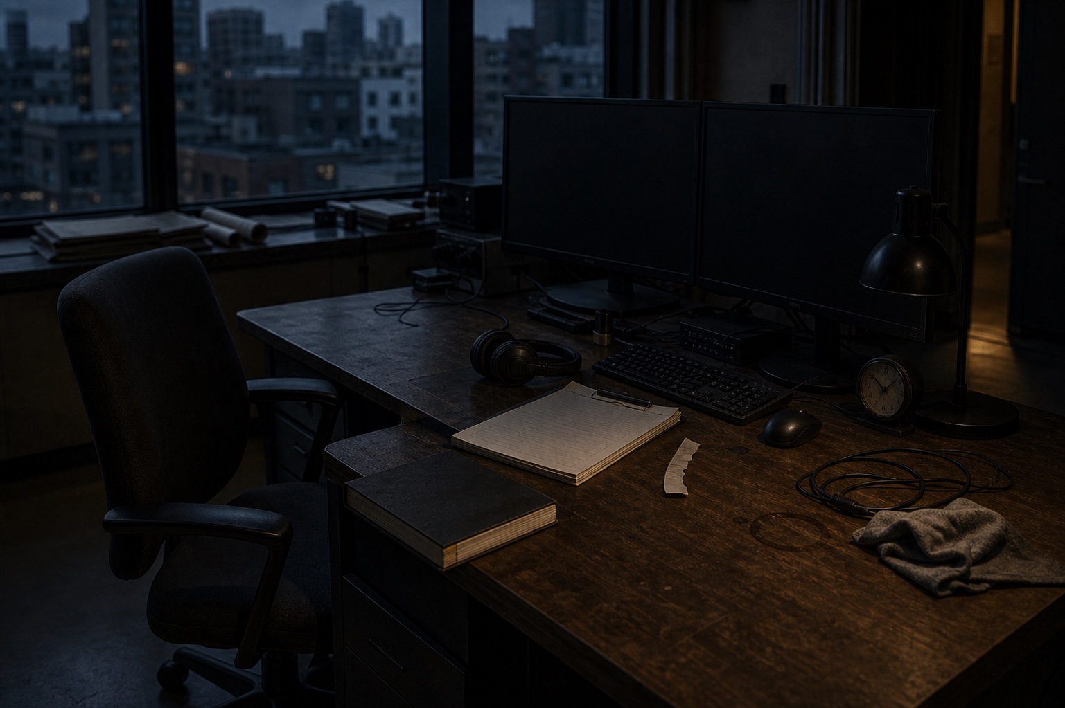 An empty quantitative research desk after close with dark monitors, clipped sheets, clock, and coiled headset