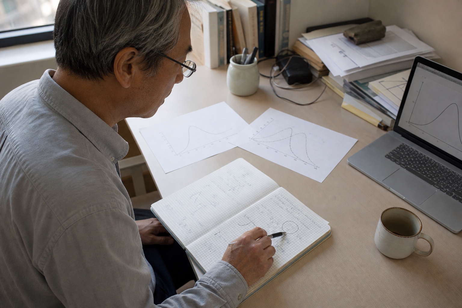 A quantitative researcher comparing grayscale distributions with a pencil notebook