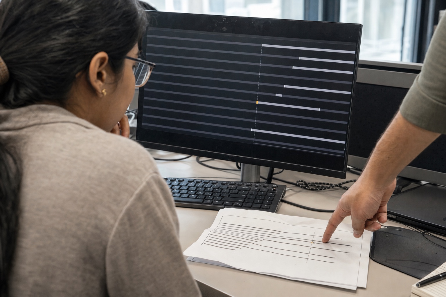 An analyst and reviewer comparing one interrupted execution timeline between a monitor and printed plot