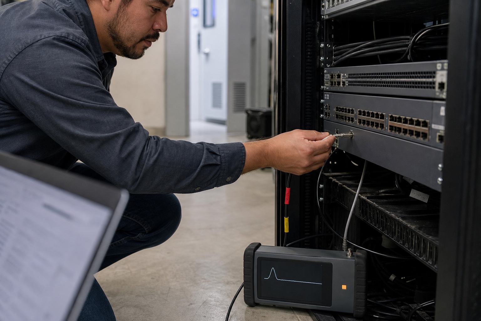 A network engineer connecting a modern timing analyzer to a rack-mounted switch in a plain equipment room