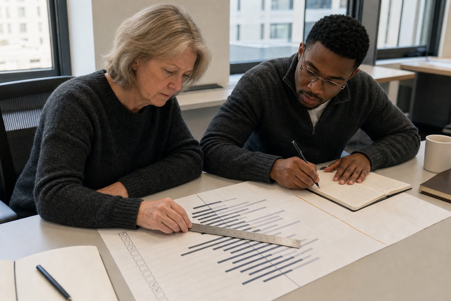 Two risk reviewers aligning a threshold against grouped exposure bars on a large paper register