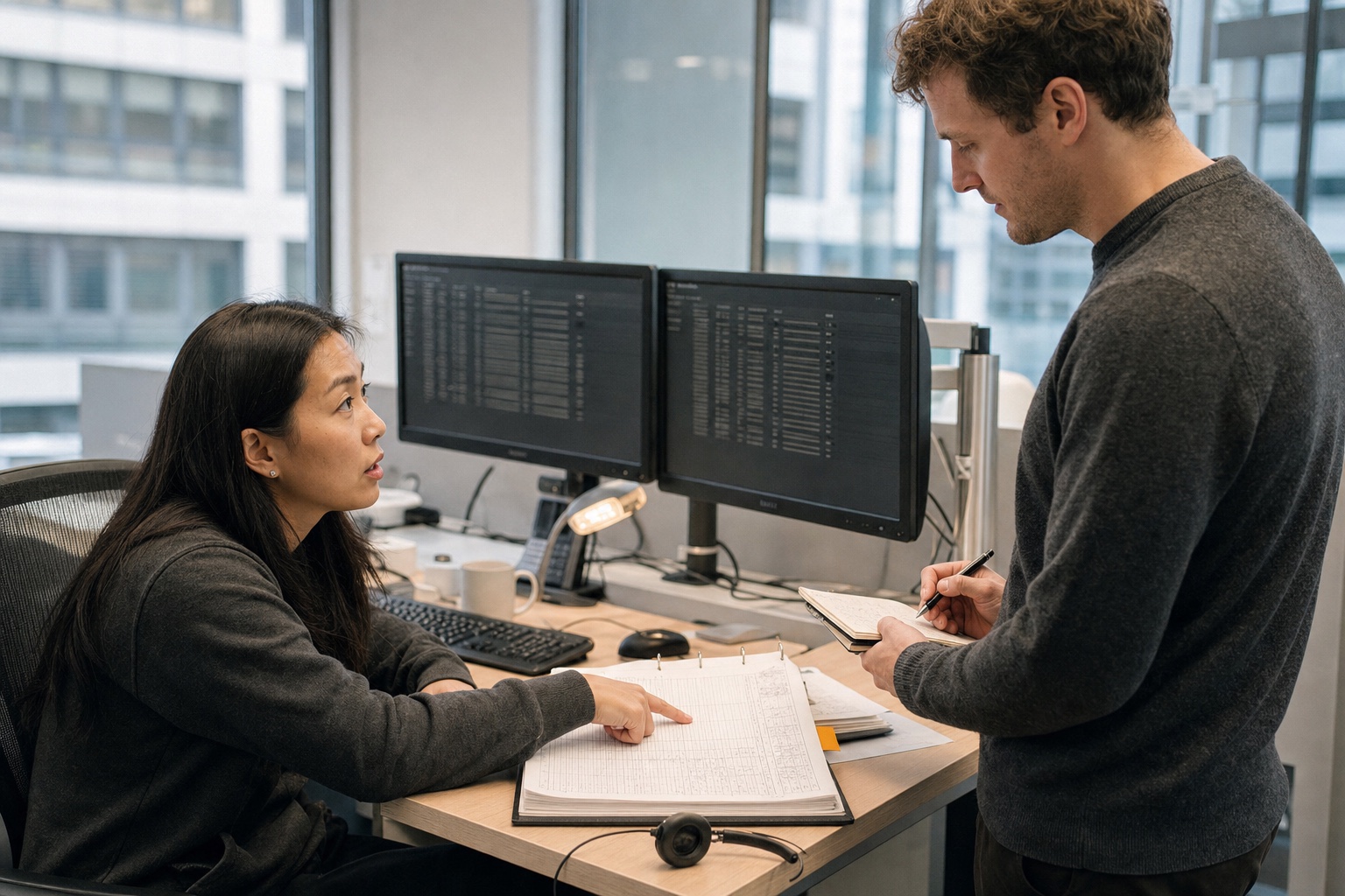 One operator briefing another over an open exception register beside dimmed session monitors