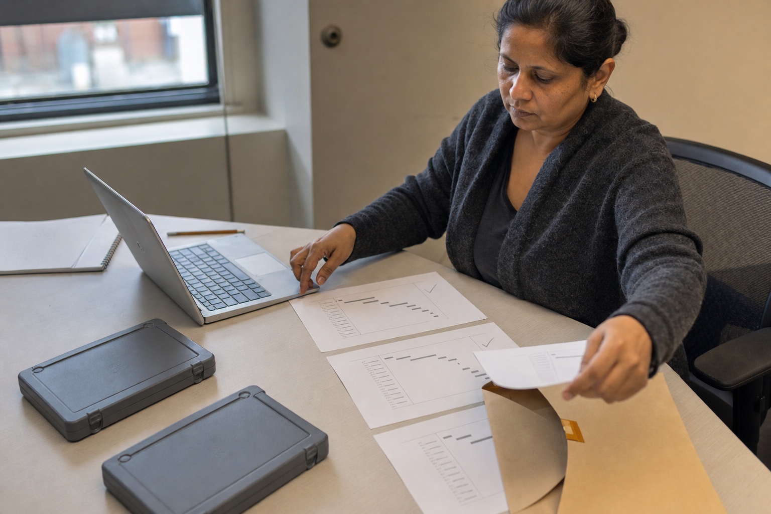 An independent reviewer selecting printed execution samples into a custody envelope beside sealed drive cases