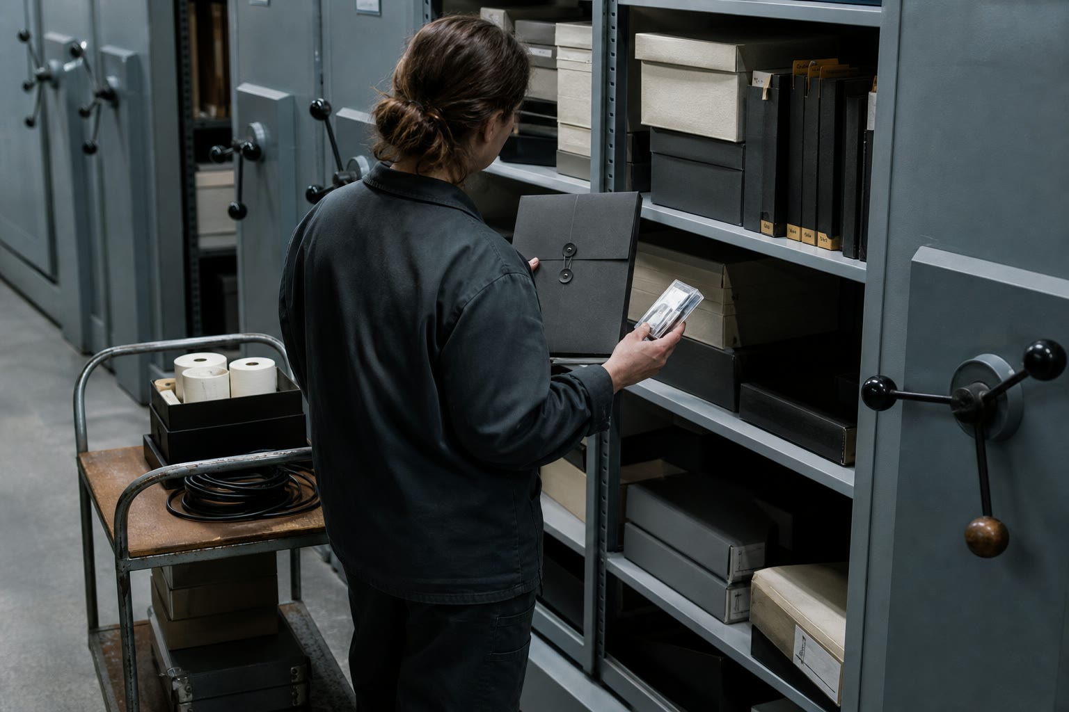 A records worker returning a graphite folio and drive case to mobile shelving