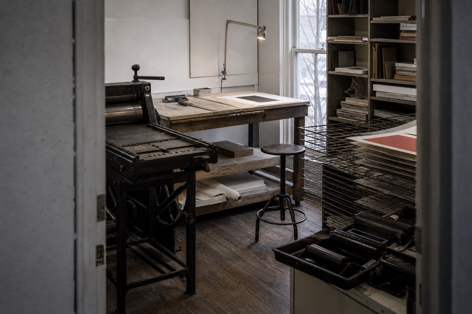 A small print and binding studio with proof press, worktable, drying rack, and paper shelves