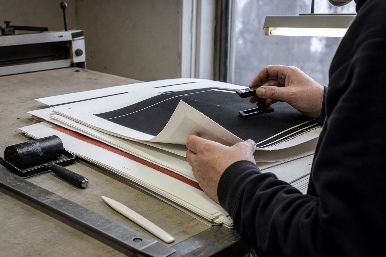 A printer checking a black proof sheet beside a press and an oxide-red layer