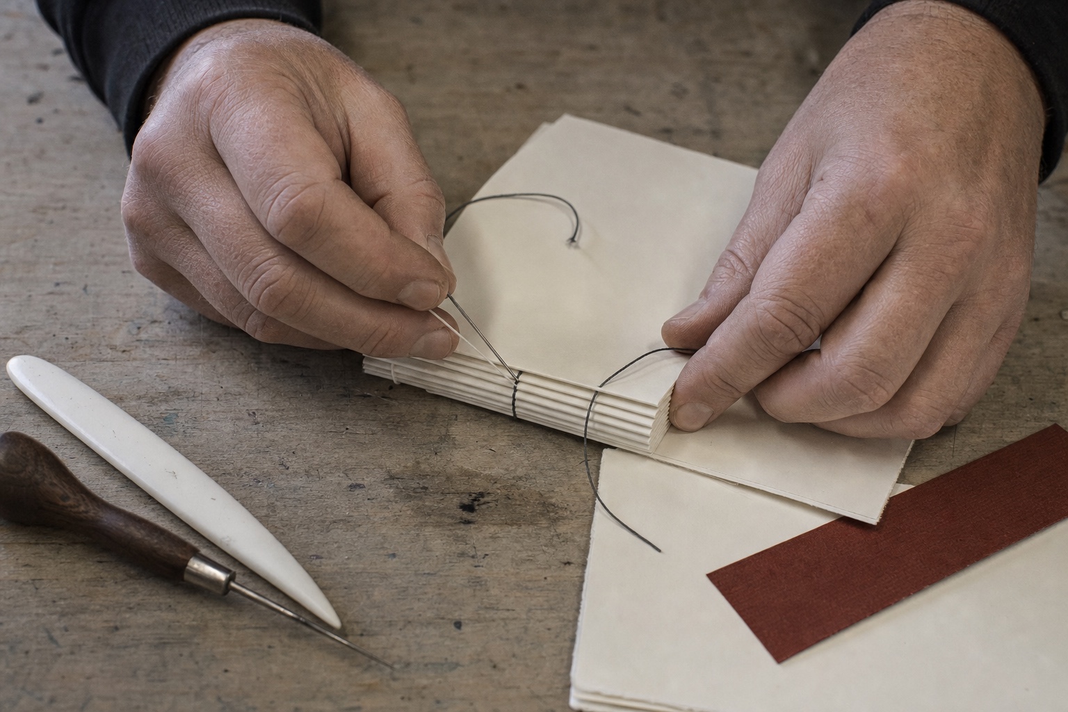 A bookbinder sewing cream paper signatures with charcoal thread on a worn bench