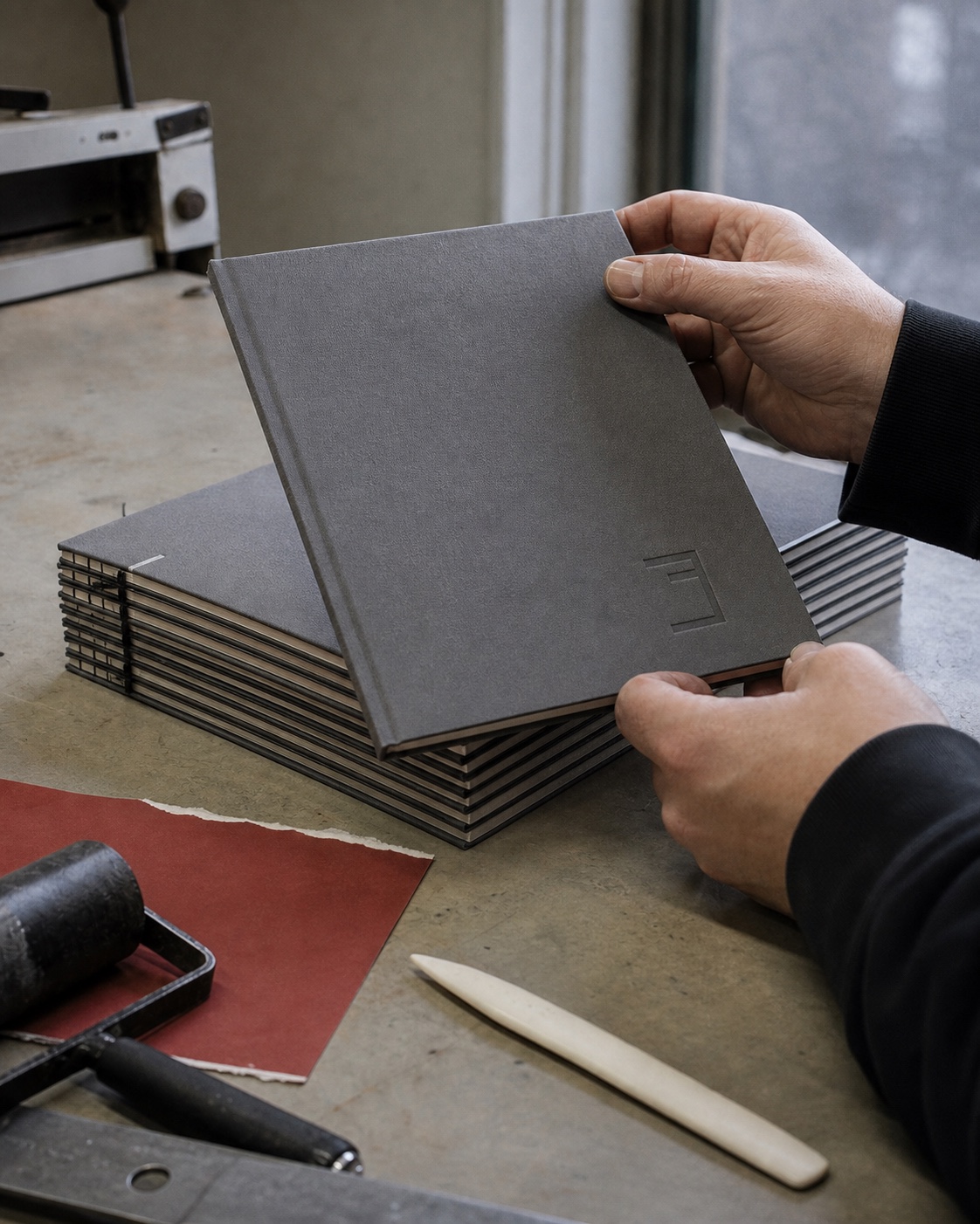 A printer lifting a graphite clothbound edition carrying the MARGIN open-page mark