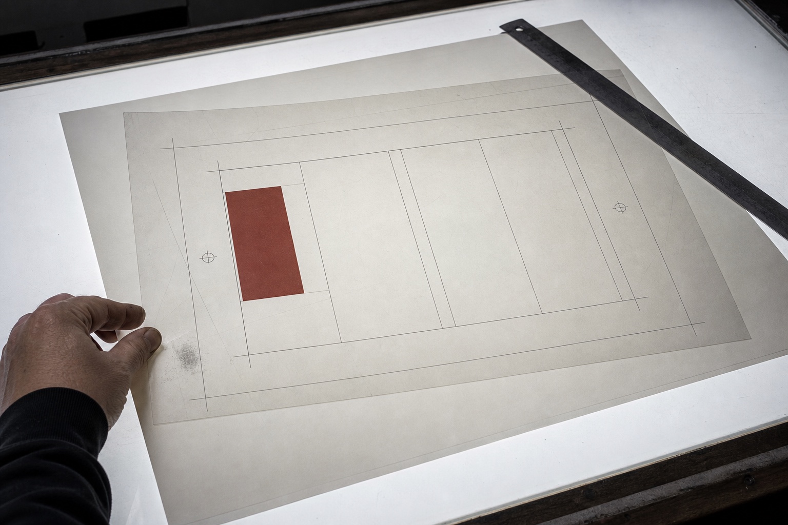 A transparent registration overlay with hairline columns and an oxide-red block on a light table