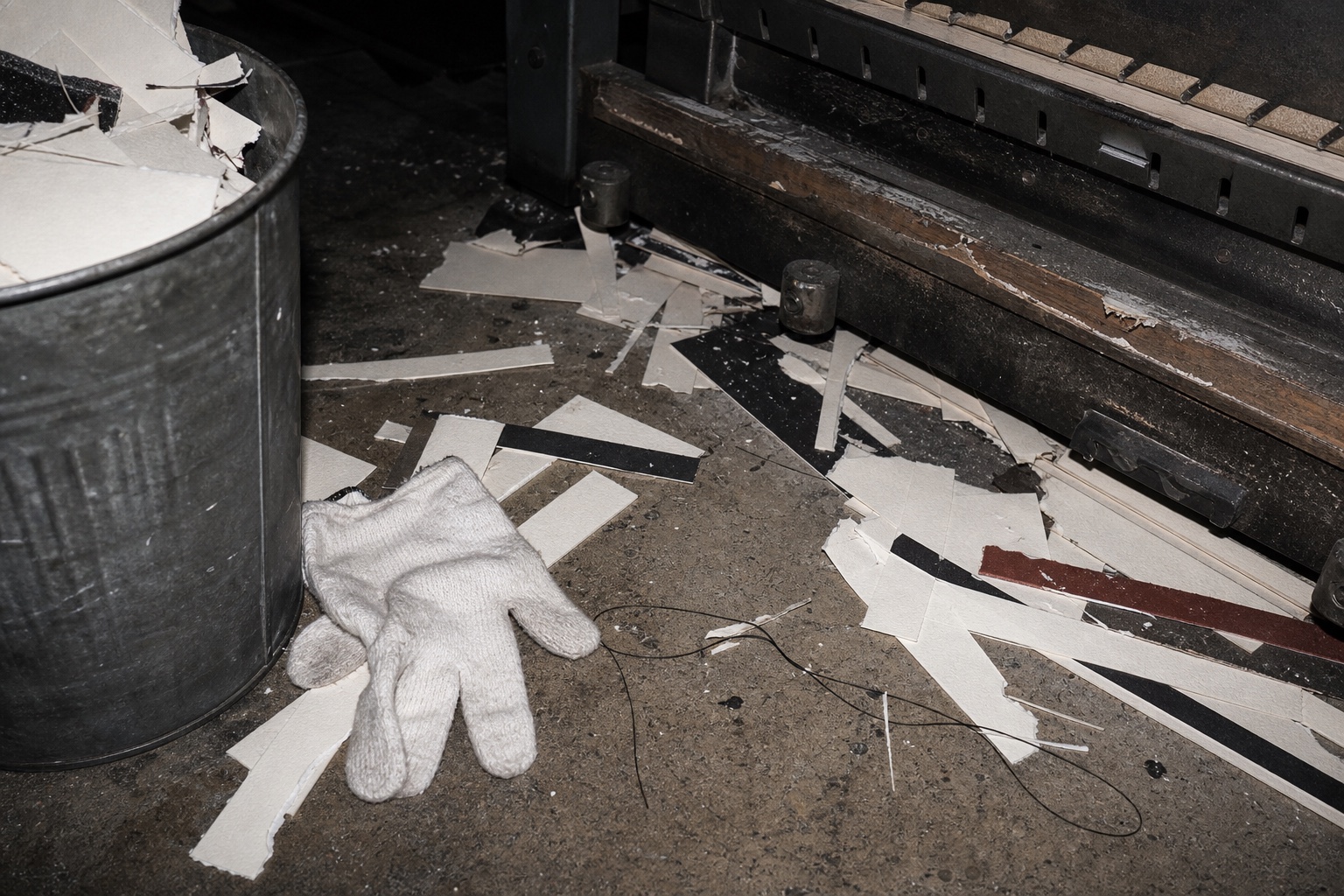 Cream, black, and oxide-red paper offcuts beside a cutter under direct flash