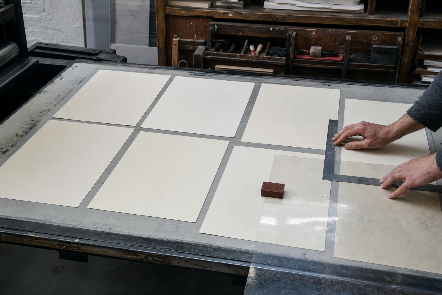 A printer arranging cream pages into an asymmetric imposition on a large table