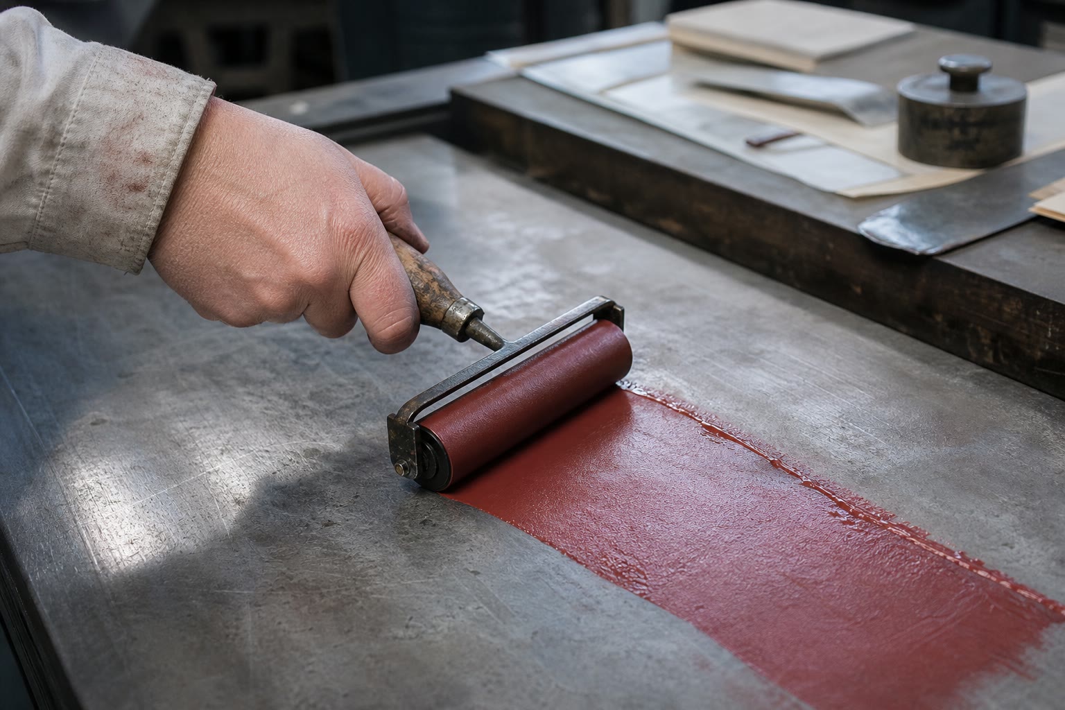 A printer testing dry oxide-red ink on an uncoated sheet beside a press roller