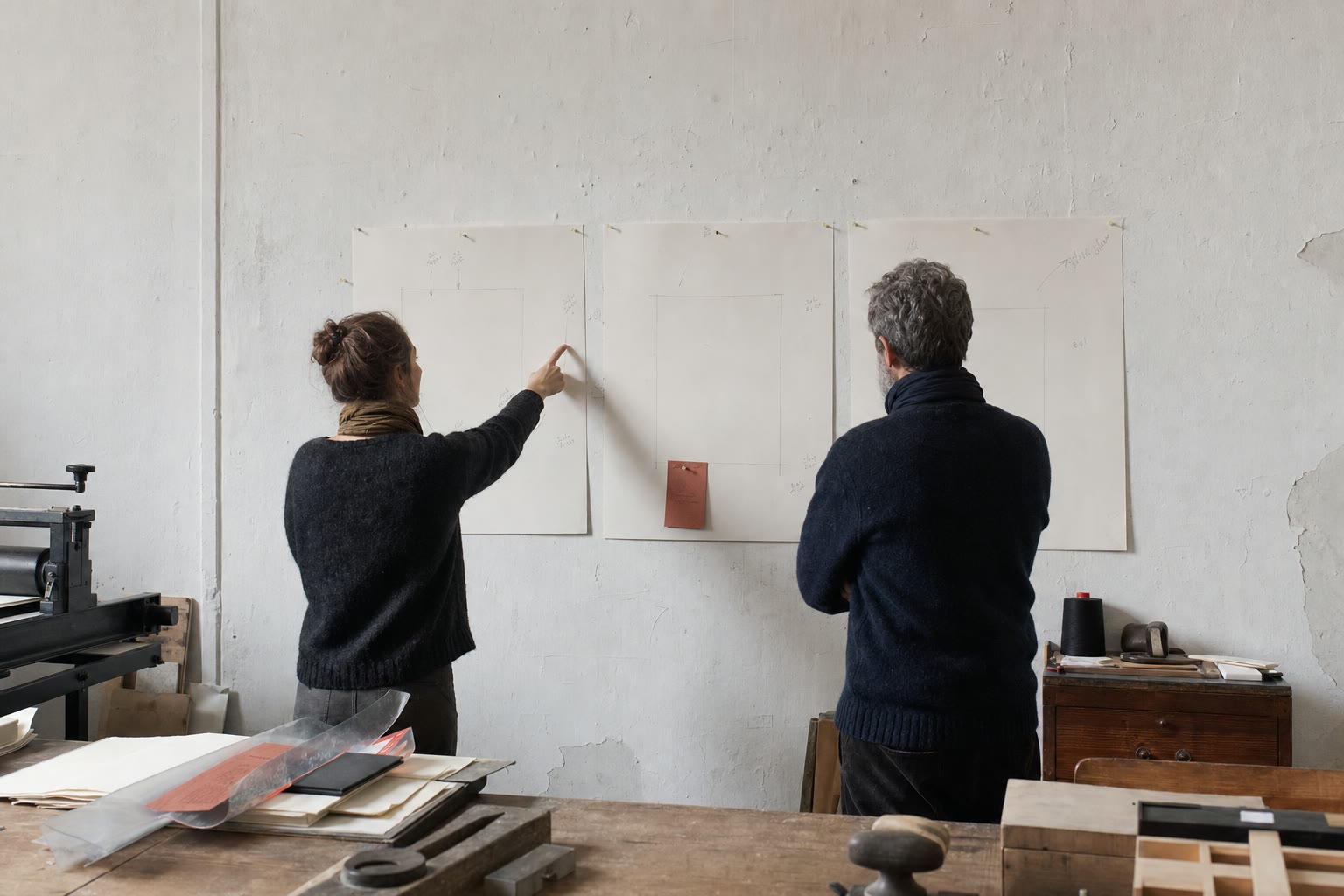 Two editors comparing folded proofs at a worn studio table