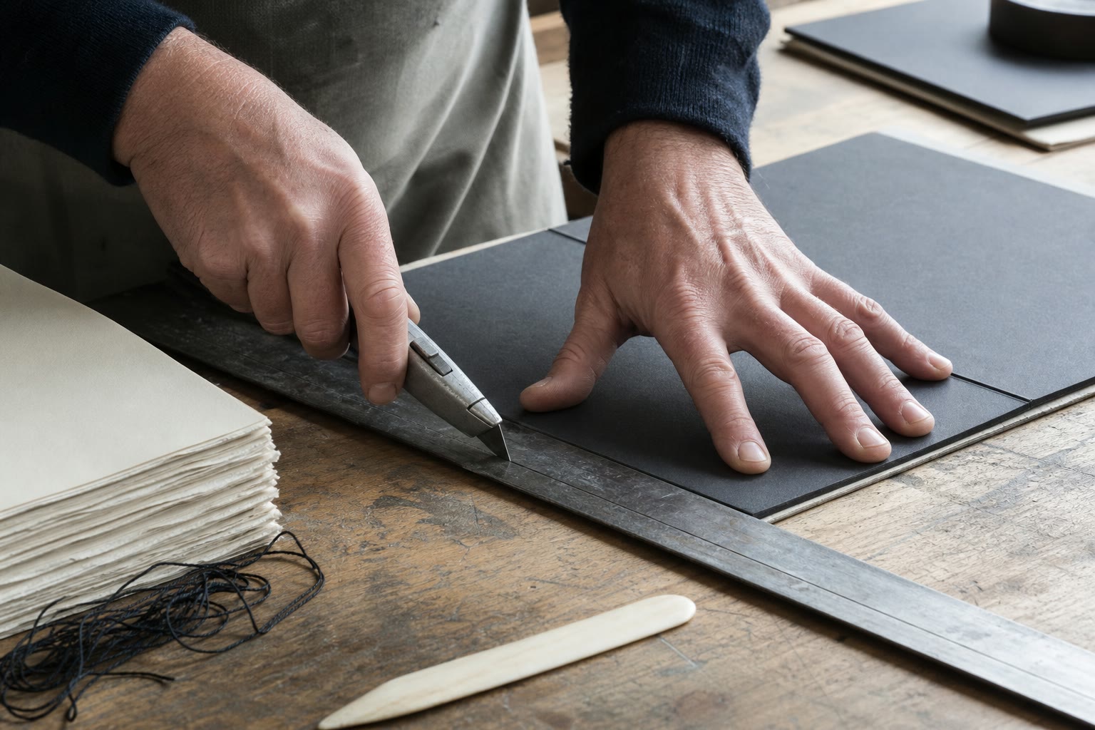 A bookbinder cutting graphite board against a steel rule